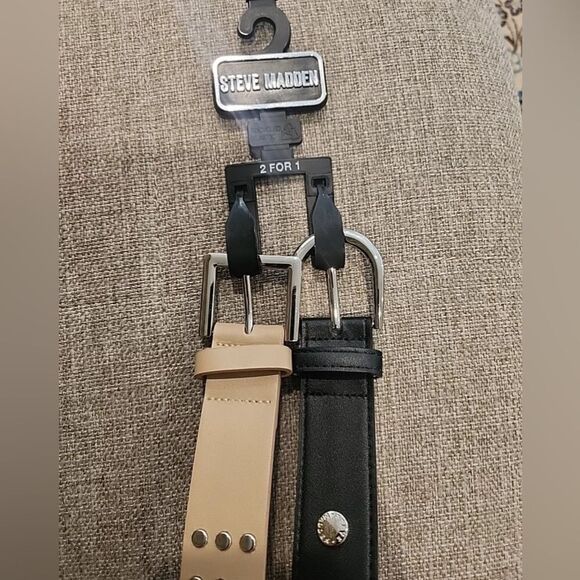 Steve Madden Women's 2-Pc. Faux-Leather Belt Set - Tan / Black - Picture 2 of 4